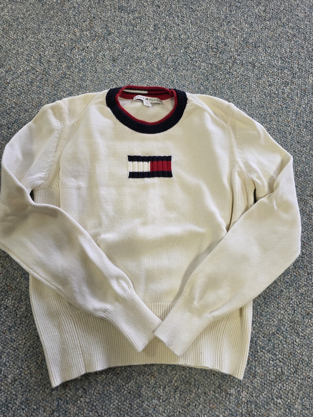 Tommy Hilfiger White Crewneck Sweater with Red & Navy Trim